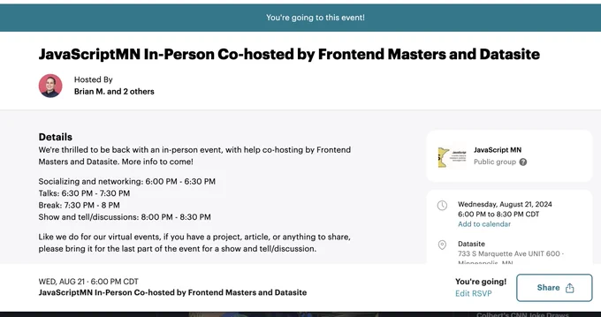 JavaScriptMN In-Person Co-hosted by Frontend Masters and Datasite August 21st at 6PM