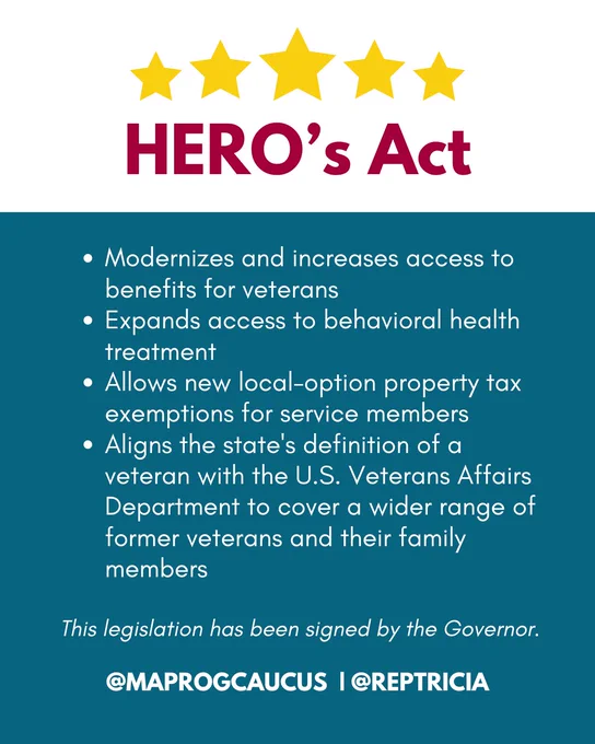 On a blue background in white text, this post reads, "Modernizes and increases access to benefits for veterans; Expands access to behavioral health treatment; Allows new local-option property tax exemptions for service members; Aligns the state's definition of a veteran with the U.S. Veterans Affairs Department to cover a wider range of former veterans and their family members. This legislation has been signed by the Governor."