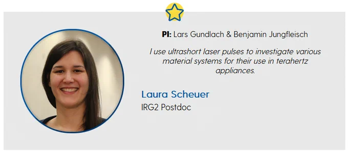 A student spotlight graphic with a circular image of Laura Scheuer on the left and text on the right saying:

PI: Lars Gundlach & Benjamin Jungfleisch

I use ultrashort laser pulses to investigate various material systems for their use in terahertz appliances.

Laura Scheuer
IRG2 Postdoc