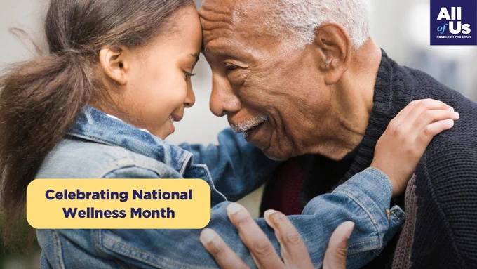 Image of a child and an elderly person touching foreheads and smiling, with text 'Celebrating National Wellness Month' as part of the All of Us Research Program campaign.