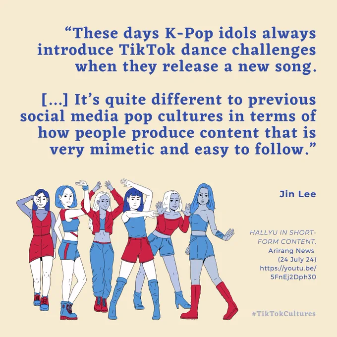 A quote image, which says:
"These days K-Pop idols always introduce TikTok dance challenges when tehy release a new song. [...] It's quite different to previous social media pop cultures in terms of how people produce content that is very mimetic and easy to follow." - Jin Lee

HALLYU IN SHORT-FORM CONTENT, Arirang News (24 July 24) https://youtu.be/5FnEj2Dph30

There is an illustration of a K-Pop girl group posing with different dance moves.