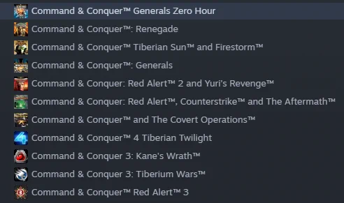A portion of a steam library page with most of the titles of the original Command & Conquer's series, 1-3.