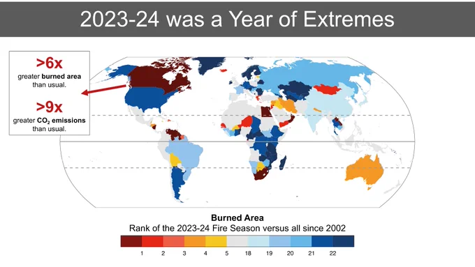 Map of world with colour codes indicating countries with burned area according to rank of 2023-24 fire season versus all since 2002