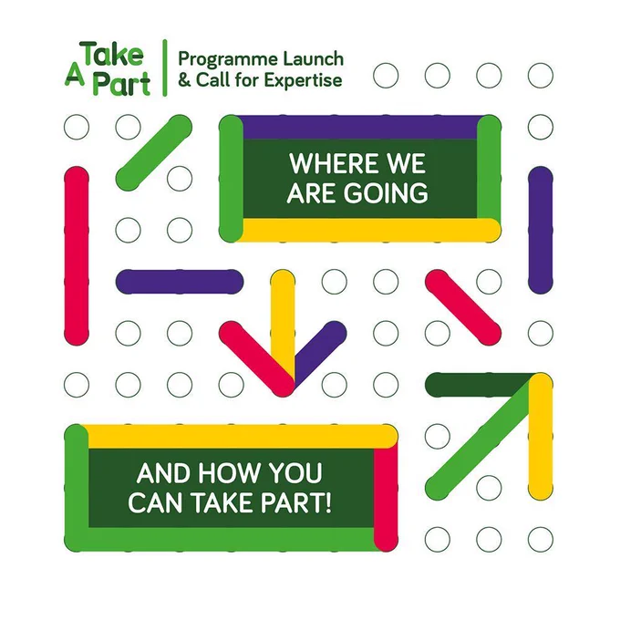 A colourful graphic which looks like different coloured threads going in and out of holes. Text reads "Take A Part. Programme Launch and Call for Expertise. Where we are going, and how you can take part!"