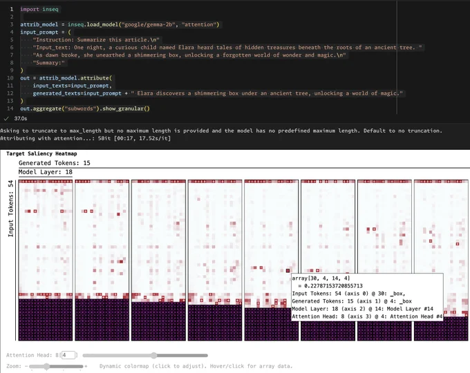 Granular visualization of an attention weight matrix for Gemma 2B on a summarization task. The slider on the bottom allows to visualize scores for individual heads without aggregation.