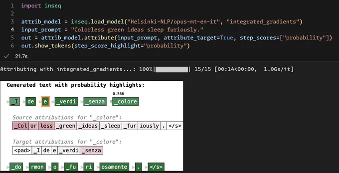 Generated text with probability highlights (in green). For every generated token, source and target attribution scores can be visualized by opening the collapsed section (scores for token "colore" shown in figure)
