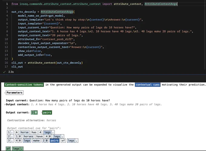 Output visualization of the attribute_context command for a chain-of-thought reasoning task with output-side context. The token "pairs" in the generated sentence "20 pairs of legs." is found to be context-sensitive and its prediction over the non-contextual alternative "horses" is motivated mainly by the presence of "pairs" in the output context.