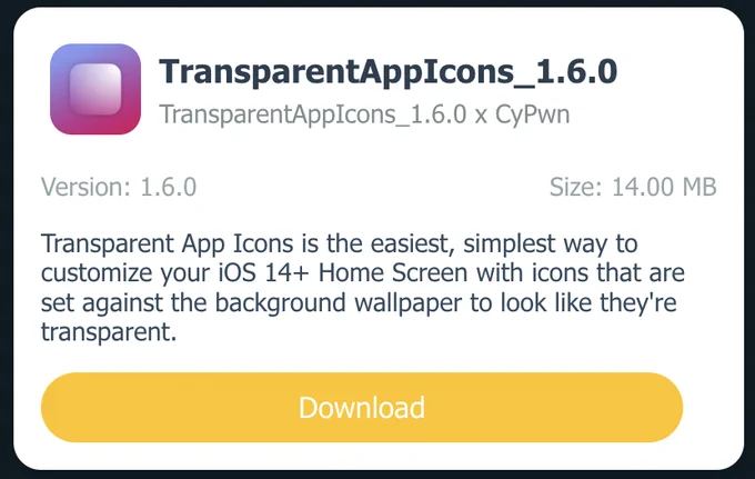 ✨ Customize your iOS Home Screen effortlessly with TransparentAppIcons_1.6.0 x CyPwn! 🌟

Version 1.6.0 (14MB) lets you create icons that blend seamlessly with your wallpaper for a transparent look.

Download now: https://xina15.com/tools/ipaland/ 

#iOSCustomization #HomeScreen #Tech