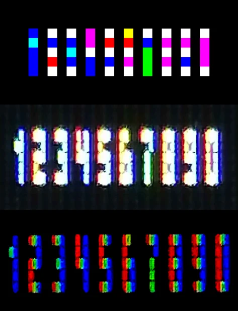 Image demonstrating subpixel text encoding, where hidden text is revealed by manipulating the red, green, and blue subpixels of an LCD screen. The technique creates detailed characters that are only visible when viewed closely on compatible monitors.
