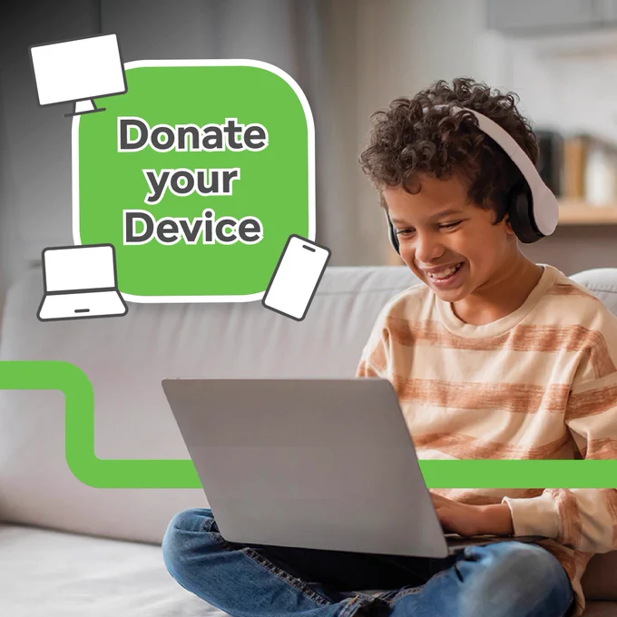 A child playing on a laptop with the words donate your device above him.