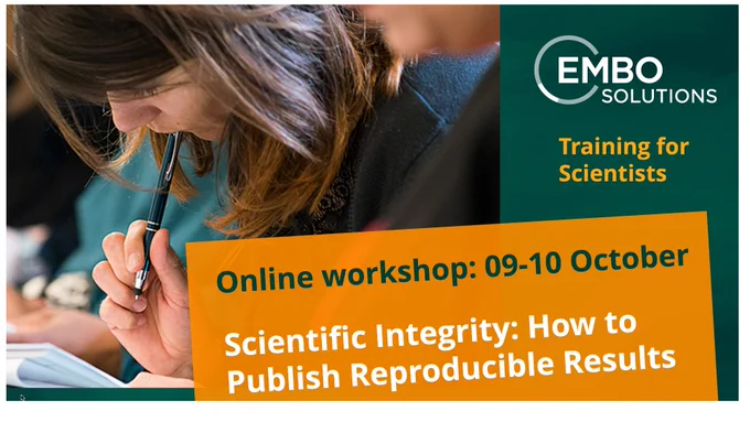 Woman reading notes during a workshop. Text highlights online course entitled "Scientific Integrity: how to publish reproducible results" running on 09-10 October 2024.