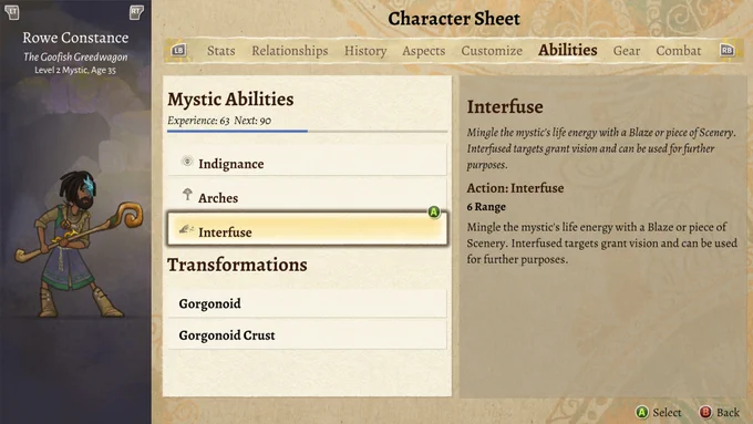 Screenshot from Wildermyth. A character sheet for Rowe Constance, a Mystic. The screen displays sections for Statistics, Relationships, Character, Customize, Abilities, and Gear. The Abilities tab is open, highlighting 'Interfuse' ability among others. Character visuals depict Rowe holding a staff, dressed in green with blue highlights.