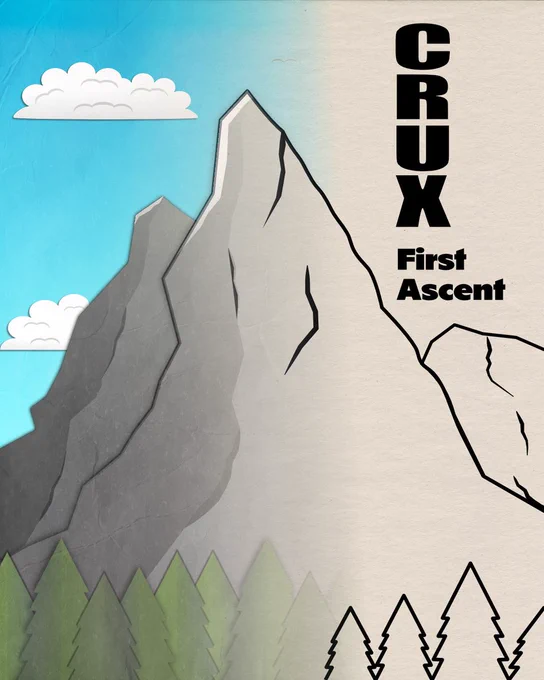 Cover for Crux First Ascent. Vector art in a paper cut style of a tall mountain overlooking a forest. The image has a gradient applied that transitions from a basic sketch to full color. 