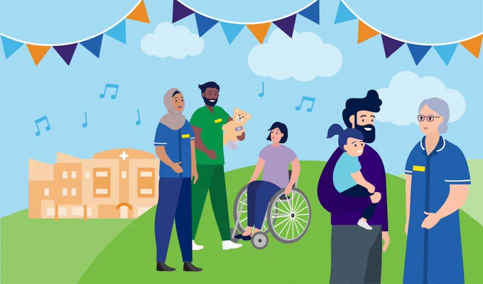 Illustration of members of staff and the community talking together, surrounded by bright blue sky and grass hills. The hospital is in the background along with fete bunting.