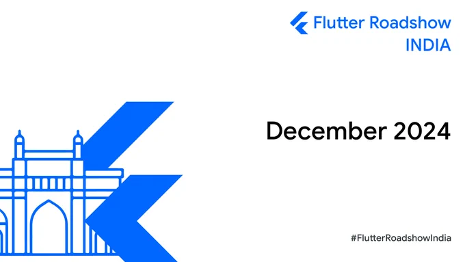 Simple graphic showcasing the Flutter Roadshow India logo with the text 'Flutter Roadshow INDIA' in blue. The Gateway of India icon is in the top left corner, with the hashtag #FlutterRoadshowIndia at the bottom. Designed by Aditya Sutar. Organised by Flutter Mumbai and Brewnbeer