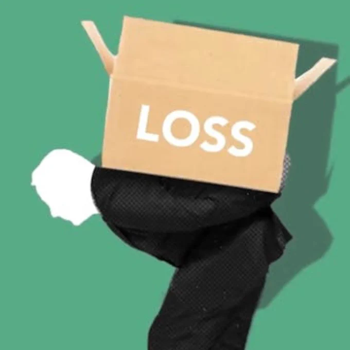 Illustration of man carrying carton box with loss inscription