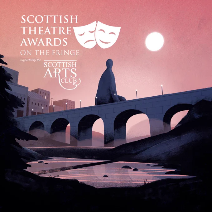 Graphic of a giant sitting on a bridge, the logo for the Scottish Theatre Awards on the Fringe logo is in the top left corner.