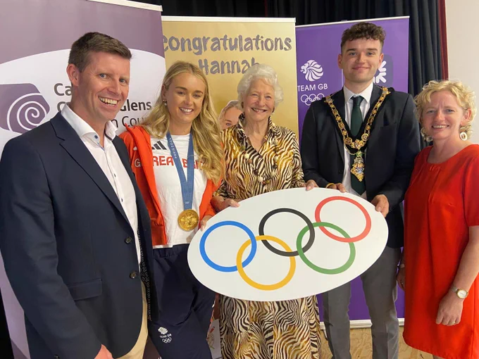 Hannah Scott pictured with Richard Archibald, interim CEO of Sport NI, Lady Mary Peters, Mayor of Causeway Coast and Glens, Councillor Ciarán McQuillan and Pat Mulvenna, Council's Director of Leisure and Development.