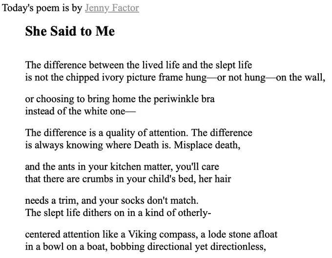A screen shot of part of a poem by Jenny Factor. Full text available at Verse Daily dot com.