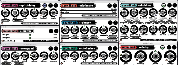SoundHack plug-in interfaces with lots of knobs - pitchdelay, decimate, distortion, bubbler, delay, more.