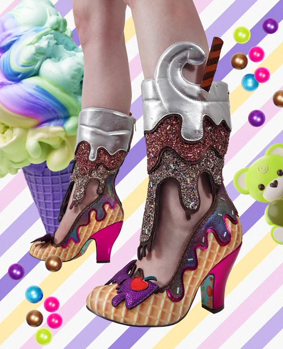 Irregular Choice 'Cherry on Top' ice cream sundae boots. Ice cream concept heel with cut out.