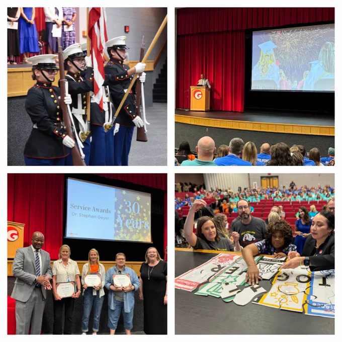 Pictures from Convocation: MCJROTC, Dr. Cromartie, employees celebrating 30 years, and a team putting a puzzle together