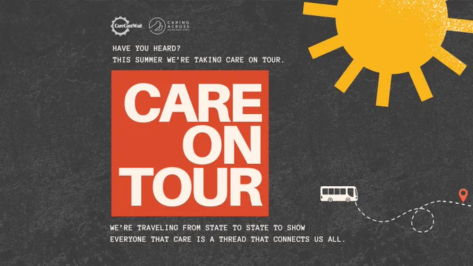 Promotional image for Care.com's 'Care On Tour' campaign. Features a stylized sun and a graphic of a bus on a dotted line journey across a dark background with text announcing a summer tour across states to promote care.