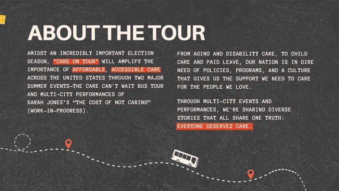 Graphic titled 'About The Tour." It features a map tracing a multi-city journey across the United States to highlight accessible care needs in aging, disability, child care, and other support services. A bus is illustrated on a dynamic, dotted line across a dark background.