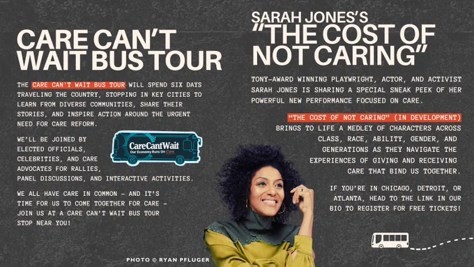 The image displays Sarah Jones with a joyful expression, adjacent to text summarizing the event. It highlights speakers sharing stories and uniting communities, with themes on care, racism, development, and community bonding. On the left side of the graphic is a blue bus with the text "Care Can't Wait" written on it.