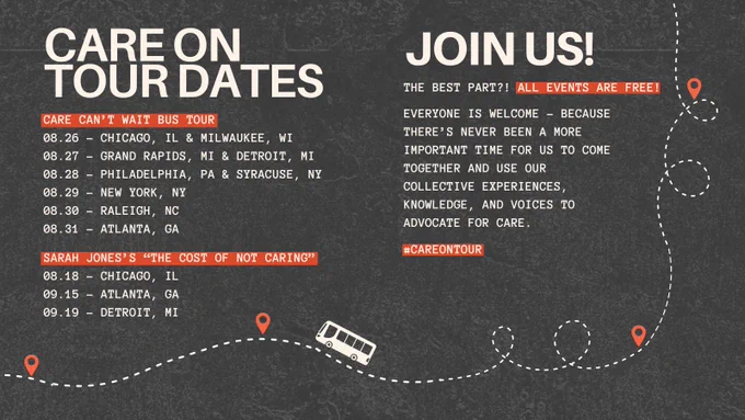 Promotional graphic for CARE On Tour bus events, listing dates and cities from August to September, including Grand Rapids, Philadelphia, Chicago, New York, Atlanta, and Detroit. The image features a stylized map with a bus icon moving along a dotted path. Text invites everyone to join, highlighting free events and collective experiences with a hashtag #CareOnTour.