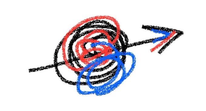 Line entering left showing messy circles with an arrow shooting out from the right