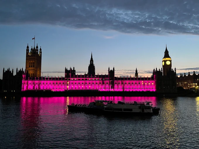 The Palace of Westminster at dusk, from across the river. It is illuminated pink, which is reflecting on the water.