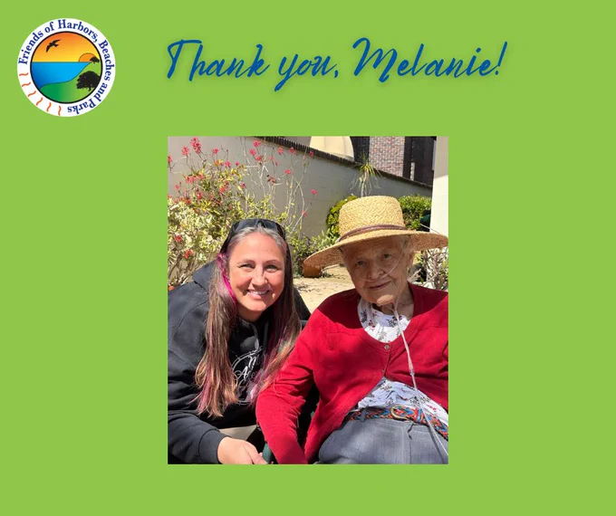 A green background with a photo of Melanie Schlotterbeck and Jean Watt with the phrase: Thank You, Melanie!