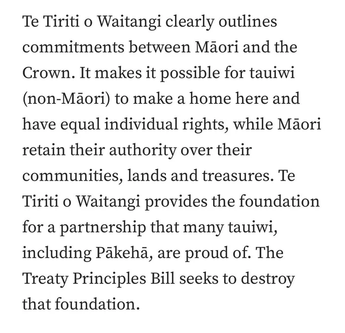 Screenshot of the following open letter paragraph: “Te Tiriti o Waitangi clearly outlines commitments between Māori and the Crown. It makes it possible for tauiwi (non-Māori) to make a home here and have equal individual rights, while Māori retain their authority over their communities, lands and treasures. Te Tiriti o Waitangi provides the foundation for a partnership that many tauiwi, including Pākehā, are proud of. The Treaty Principles Bill seeks to destroy that foundation.”