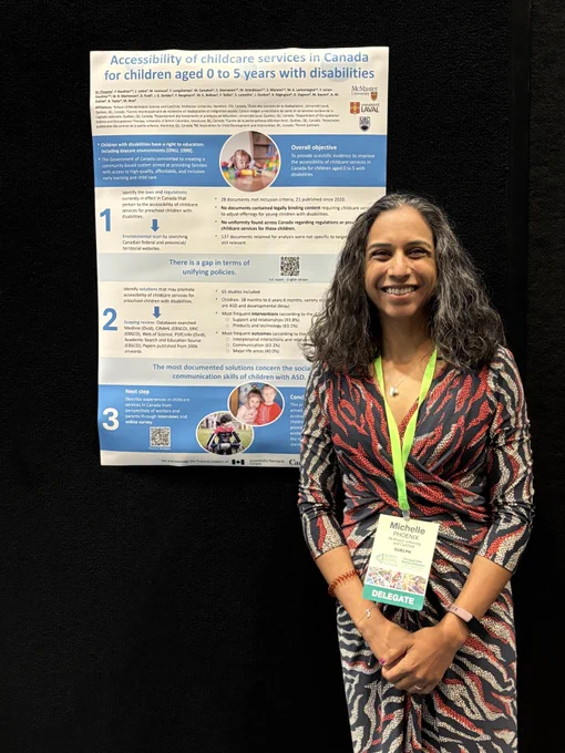 Michelle Phoenix standing in front of poster titled "Accessibility of childcare services in Canada for children aged 0 to 5 years with disabilities"