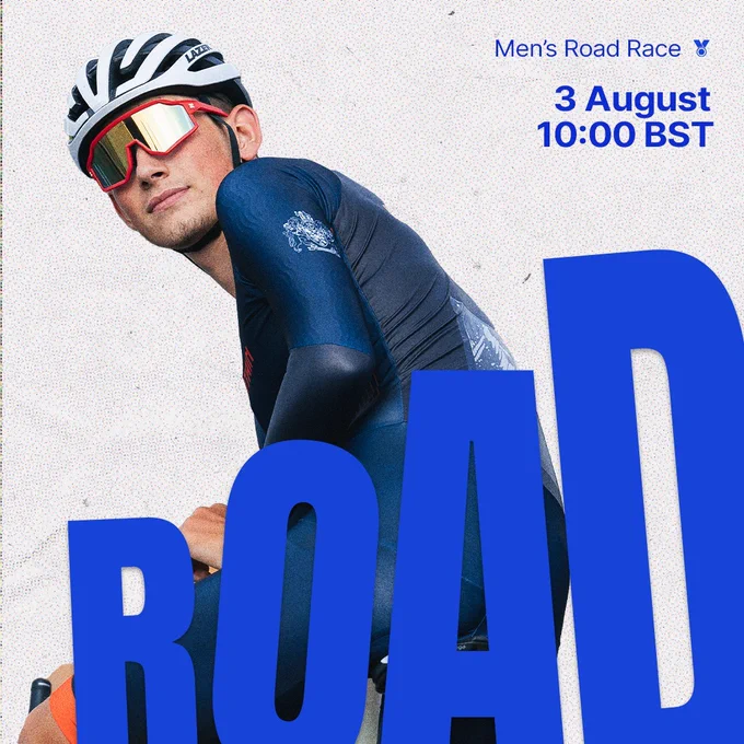 A graphic which says "Men's Road Race - 3 August. 10:00 BST"