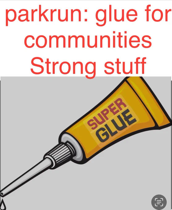 Tube of super glue labelled: parkrun, glue for communities. Strong stuff