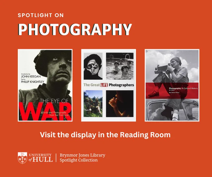 Three photography book covers are displayed on an orange background. The books are 'The Eye of War' by Phillip Knightley, 'The Great LIFE Photographers' by The Editors of Life, and 'Photography: A Cultural History' by Mary Warner Marien.