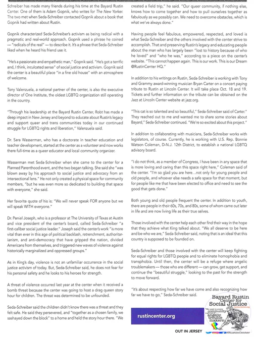 Please read this @outinjerseymag feature on our BRCSJ Chief Activist Robt Martin Seda-Schreiber
An extraordinary encapsulation of his lifetime of work (thus far!) as well as (& much more importantly!) a powerful piece that amplifies the voices of many in our inspirational intersectional @RustinCenter Community
Much love & respect to all the fab folx who helped to weave this beautiful textual tapestry~ Adam Gopnik, Walter Naegle, @dr.penieljoseph , @tonyvalenzuelala @oneinstitutela, @repbonnie, @bryancartermusic & our own @brcsjqueered Dr. @sarajwass