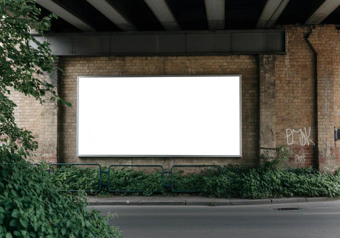 A large white billboard mounted on a brick wall under an overpass. The setting is an urban street with a mix of old and new architectural elements. The area is framed by leafy plants, adding a touch of greenery. The composition is front-facing, with the billboard as the central focus. The lighting is natural, creating a casual, everyday atmosphere that emphasizes the city’s blend of history and modernity.