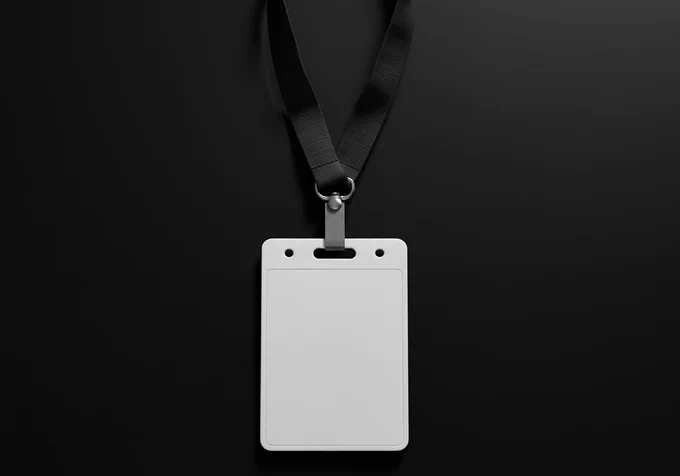 A single blank white conference badge hangs from a black cloth lanyard against a black background. The composition is centered, with a focus on the badges and lanyard. The lighting is soft. The quality of the image is a hyper realistic photographic render.
