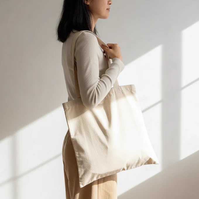 Minimalist dressed woman holding big simple tote bag as a mockup in a white room with afternoon light flooding