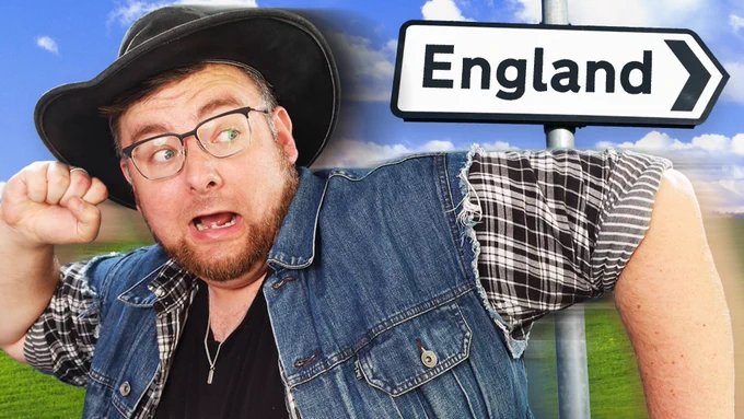 A YouTube thumbnail showing Tom running the opposite direction to a sign pointing towards England.