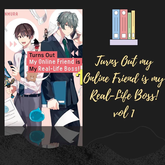Cover of Turns Out my Online Friend is my Rea-Life Boss! volume 1. Hashimoto and Shirase are standing back to back. Shirase is on the phone in a business suit while Hashimoto is in a white shirt with a tie holding his phone.