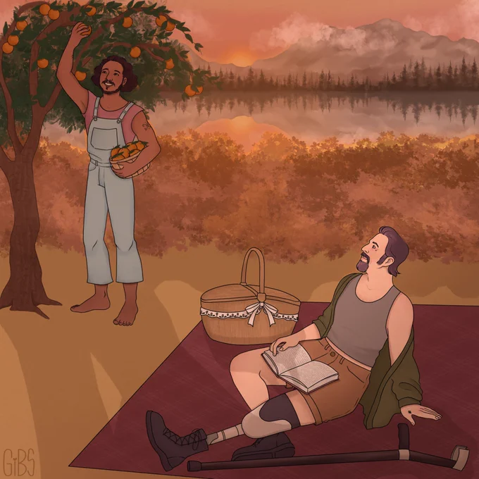 a drawing of roach and izzy enjoying a picnic together in a lakeside meadow. roach is picking oranges from a tree for them to share while izzy sits on a blanket reading. the sun is low behind some mountains and there are heavy shadows cast over the two men