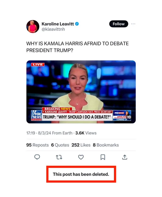 Deleted @kleavittnh Tweet: "WHY IS KAMALA HARRIS AFRAID TO DEBATE PRESIDENT TRUMP?" with a Fox News banner that reads “Trump: ‘Why should I do a debate?’” 