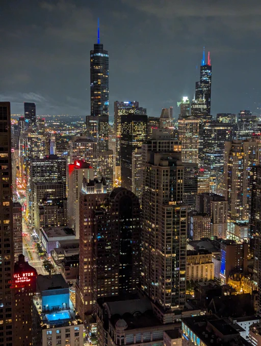 View of Chicago at night from John Hancock Center