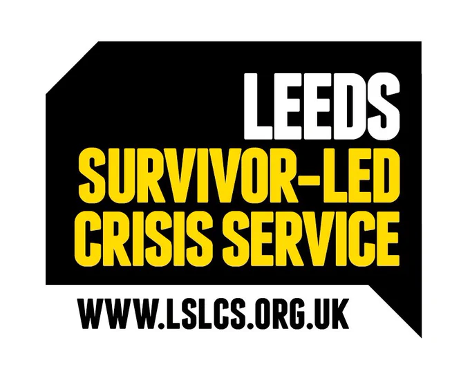 Image is organisation logo black white and yellow for Leeds Survivor led crisis service.