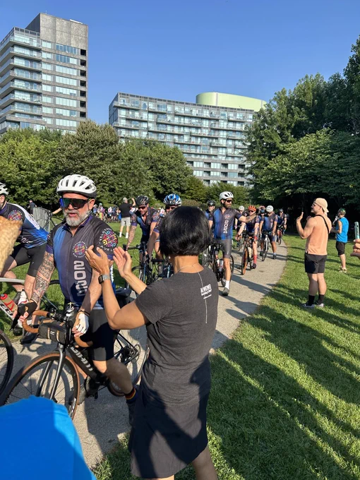 Mayor Olivia Chow cheers on Friends for Life Bike Rally participants.