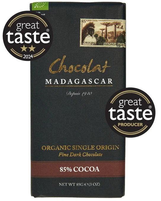 Great Taste Judges comments "This glossy bar has been well tempered - it has a great snap. There are lots of fruity notes on the nose. On tasting, we love its complexity. The berry fruits and wine notes balance well with the level of bitterness and it has a long finish. The texture is smooth and velvety and melts easily on the tongue. The sweetening is just enough to take away harshness. Great chocolate, well done."